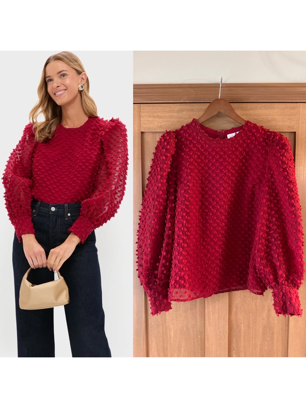 Hyacinth House Tuckernuck Red Textured Long Puff Sleeve Harriet Blouse Womenβs L